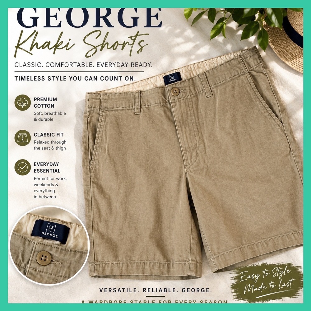 George Mens Khaki Shorts Tan Classic Fit Premium Cotton Size 30 Everyday Wear